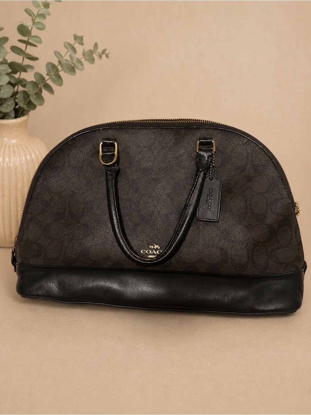Coach Brown and Black Signature Dome Satchel with Gold Hardware